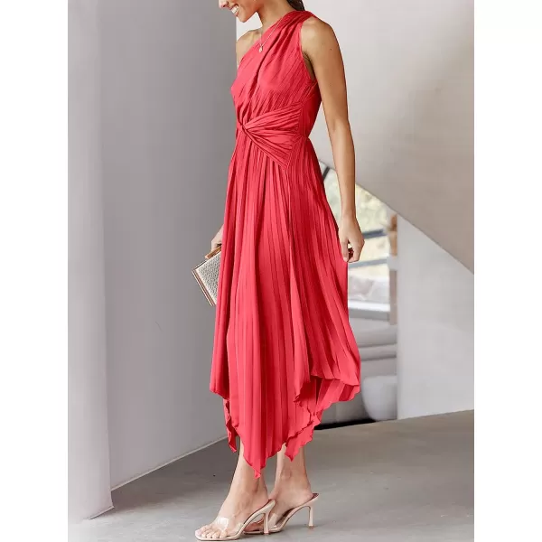 imageANRABESS Womens Summer One Shoulder Midi Dress Sleeveless Twist Pleated Asymmetric Satin Cocktail Party DressRed