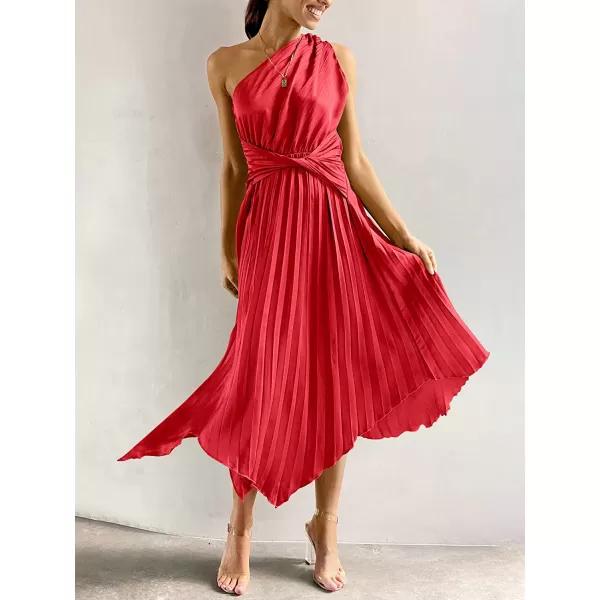 imageANRABESS Womens Summer One Shoulder Midi Dress Sleeveless Twist Pleated Asymmetric Satin Cocktail Party DressRed