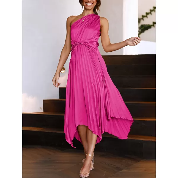 imageANRABESS Womens Summer One Shoulder Midi Dress Sleeveless Twist Pleated Asymmetric Satin Cocktail Party DressRose