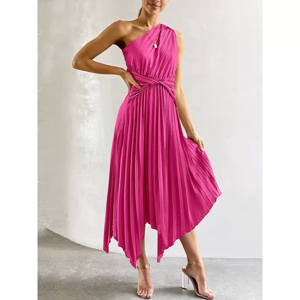 imageANRABESS Womens Summer One Shoulder Midi Dress Sleeveless Twist Pleated Asymmetric Satin Cocktail Party DressRose