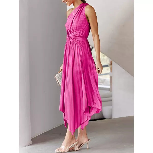 imageANRABESS Womens Summer One Shoulder Midi Dress Sleeveless Twist Pleated Asymmetric Satin Cocktail Party DressRose