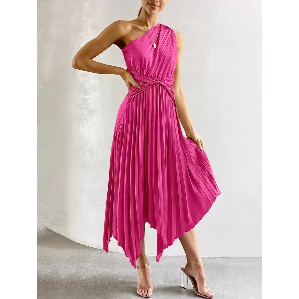 imageANRABESS Womens Summer One Shoulder Midi Dress Sleeveless Twist Pleated Asymmetric Satin Cocktail Party DressRose