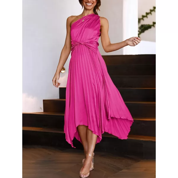 imageANRABESS Womens Summer One Shoulder Midi Dress Sleeveless Twist Pleated Asymmetric Satin Cocktail Party DressRose