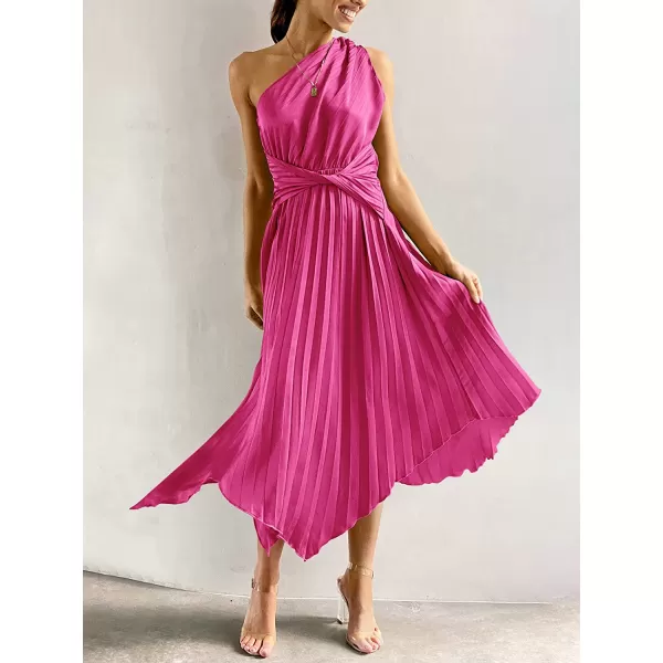 imageANRABESS Womens Summer One Shoulder Midi Dress Sleeveless Twist Pleated Asymmetric Satin Cocktail Party DressRose