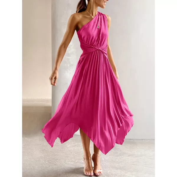 imageANRABESS Womens Summer One Shoulder Midi Dress Sleeveless Twist Pleated Asymmetric Satin Cocktail Party DressRose