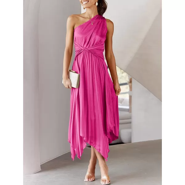 imageANRABESS Womens Summer One Shoulder Midi Dress Sleeveless Twist Pleated Asymmetric Satin Cocktail Party DressRose