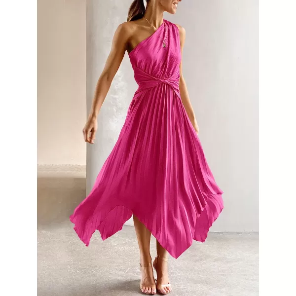 imageANRABESS Womens Summer One Shoulder Midi Dress Sleeveless Twist Pleated Asymmetric Satin Cocktail Party DressRose
