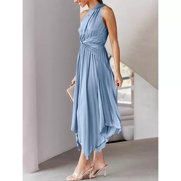 imageANRABESS Womens Summer One Shoulder Midi Dress Sleeveless Twist Pleated Asymmetric Satin Cocktail Party DressSky
