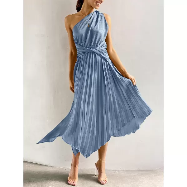 imageANRABESS Womens Summer One Shoulder Midi Dress Sleeveless Twist Pleated Asymmetric Satin Cocktail Party DressSky