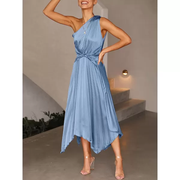 imageANRABESS Womens Summer One Shoulder Midi Dress Sleeveless Twist Pleated Asymmetric Satin Cocktail Party DressSky