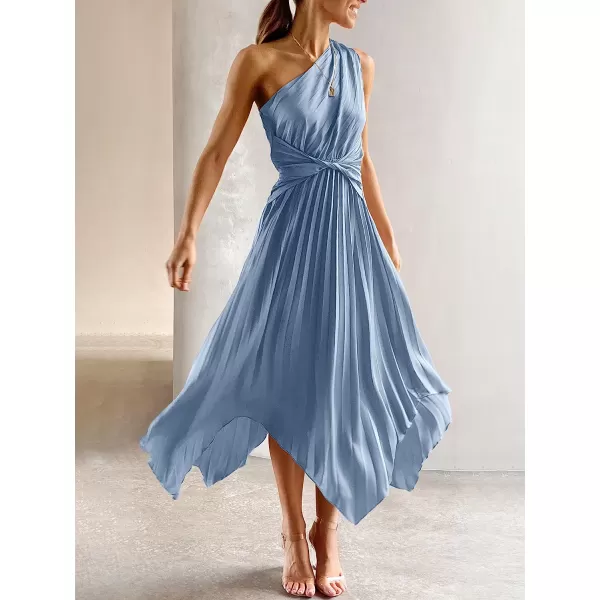 imageANRABESS Womens Summer One Shoulder Midi Dress Sleeveless Twist Pleated Asymmetric Satin Cocktail Party DressSky