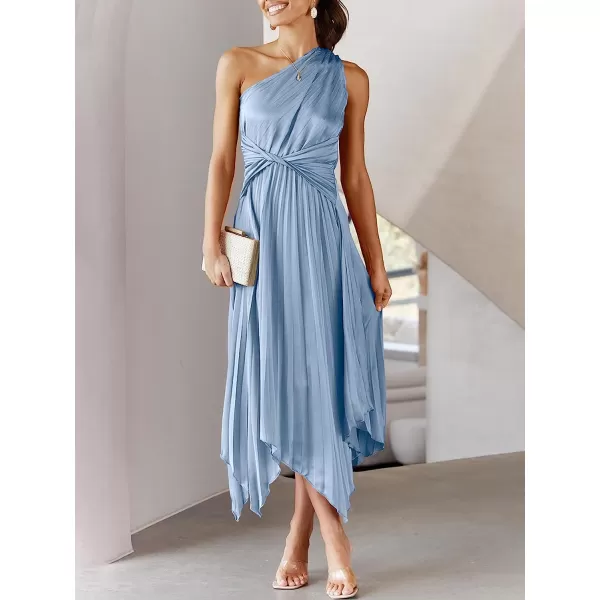 imageANRABESS Womens Summer One Shoulder Midi Dress Sleeveless Twist Pleated Asymmetric Satin Cocktail Party DressSky