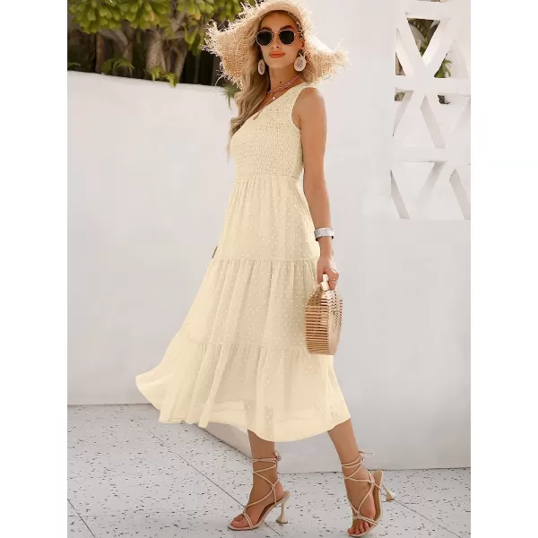 imageANRABESS Womens Summer One Shoulder Sundress Sleeveless Swiss Dot Smocked Flowy Tiered Beach Long DressBeige