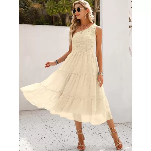 imageANRABESS Womens Summer One Shoulder Sundress Sleeveless Swiss Dot Smocked Flowy Tiered Beach Long DressBeige