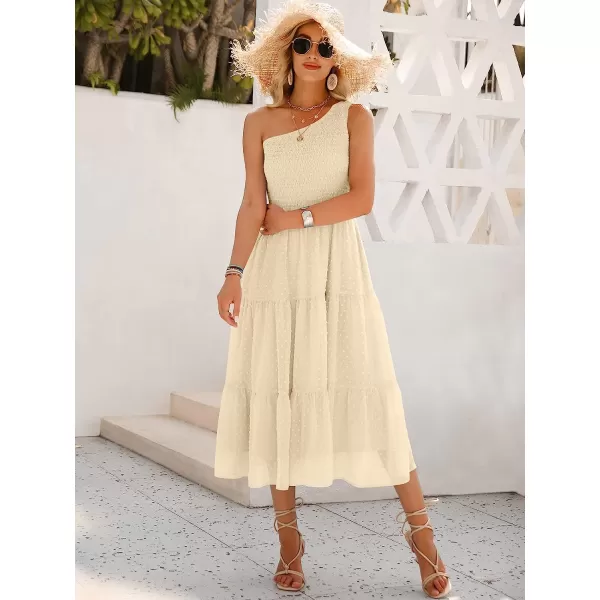 imageANRABESS Womens Summer One Shoulder Sundress Sleeveless Swiss Dot Smocked Flowy Tiered Beach Long DressBeige