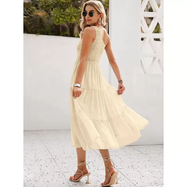 imageANRABESS Womens Summer One Shoulder Sundress Sleeveless Swiss Dot Smocked Flowy Tiered Beach Long DressBeige