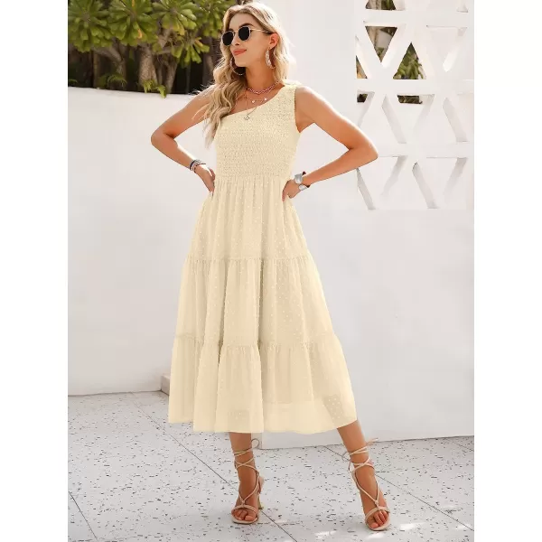 imageANRABESS Womens Summer One Shoulder Sundress Sleeveless Swiss Dot Smocked Flowy Tiered Beach Long DressBeige