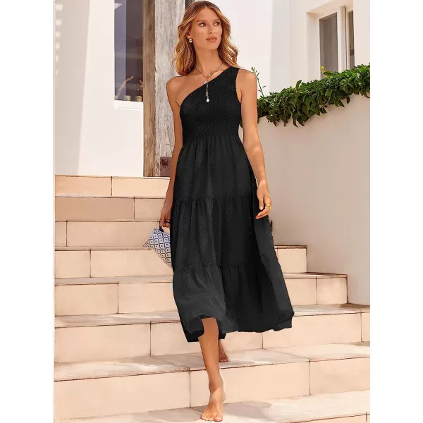 imageANRABESS Womens Summer One Shoulder Sundress Sleeveless Swiss Dot Smocked Flowy Tiered Beach Long DressBlack
