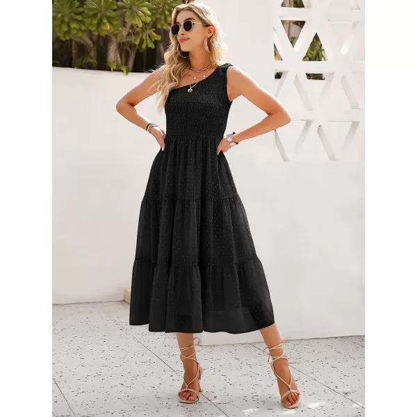 imageANRABESS Womens Summer One Shoulder Sundress Sleeveless Swiss Dot Smocked Flowy Tiered Beach Long DressBlack