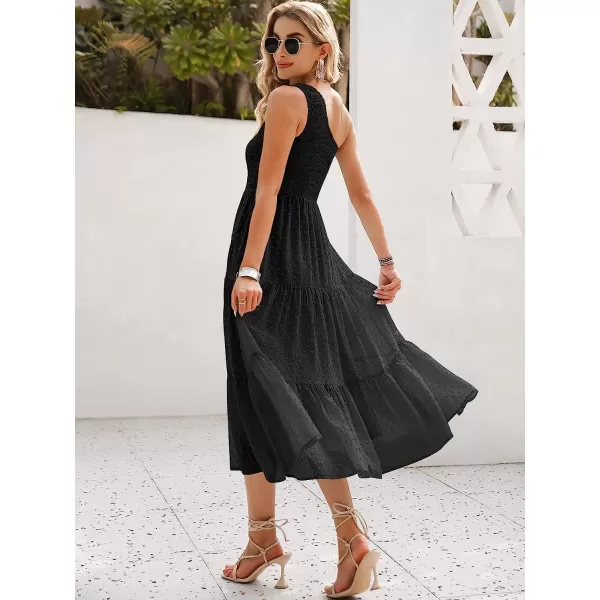imageANRABESS Womens Summer One Shoulder Sundress Sleeveless Swiss Dot Smocked Flowy Tiered Beach Long DressBlack