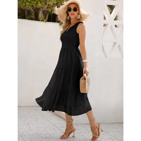 imageANRABESS Womens Summer One Shoulder Sundress Sleeveless Swiss Dot Smocked Flowy Tiered Beach Long DressBlack