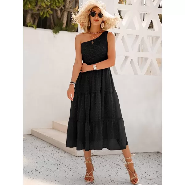 imageANRABESS Womens Summer One Shoulder Sundress Sleeveless Swiss Dot Smocked Flowy Tiered Beach Long DressBlack