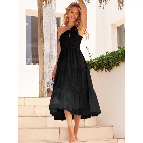 imageANRABESS Womens Summer One Shoulder Sundress Sleeveless Swiss Dot Smocked Flowy Tiered Beach Long DressBlack