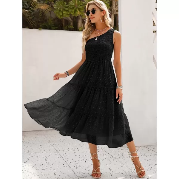 imageANRABESS Womens Summer One Shoulder Sundress Sleeveless Swiss Dot Smocked Flowy Tiered Beach Long DressBlack