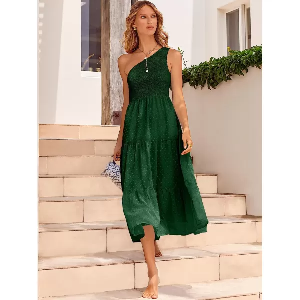 imageANRABESS Womens Summer One Shoulder Sundress Sleeveless Swiss Dot Smocked Flowy Tiered Beach Long DressDeep Green