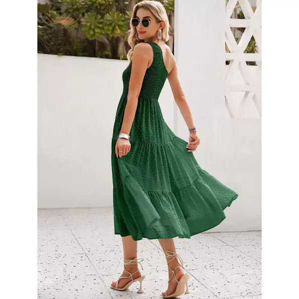 imageANRABESS Womens Summer One Shoulder Sundress Sleeveless Swiss Dot Smocked Flowy Tiered Beach Long DressDeep Green