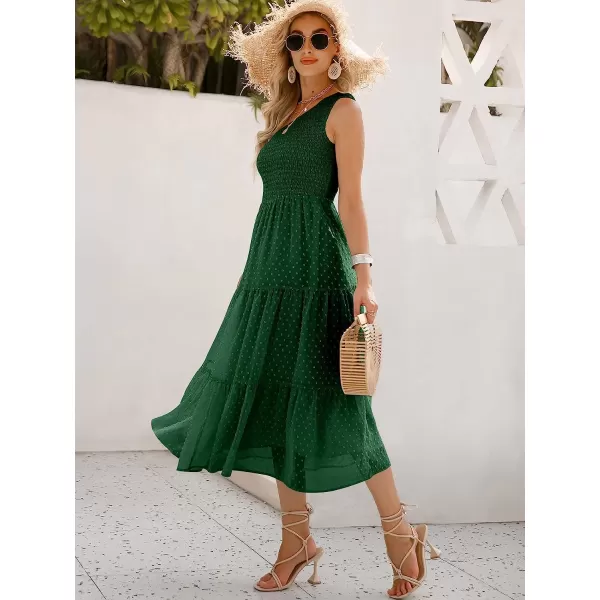 imageANRABESS Womens Summer One Shoulder Sundress Sleeveless Swiss Dot Smocked Flowy Tiered Beach Long DressDeep Green