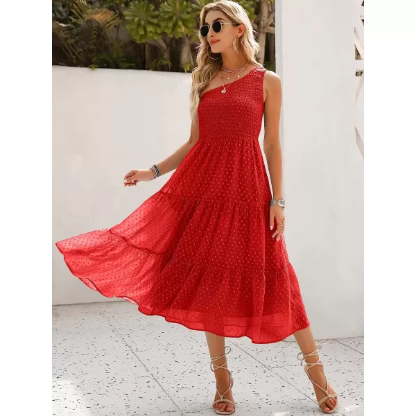 imageANRABESS Womens Summer One Shoulder Sundress Sleeveless Swiss Dot Smocked Flowy Tiered Beach Long DressRed