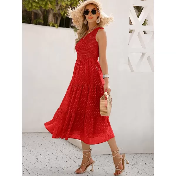 imageANRABESS Womens Summer One Shoulder Sundress Sleeveless Swiss Dot Smocked Flowy Tiered Beach Long DressRed
