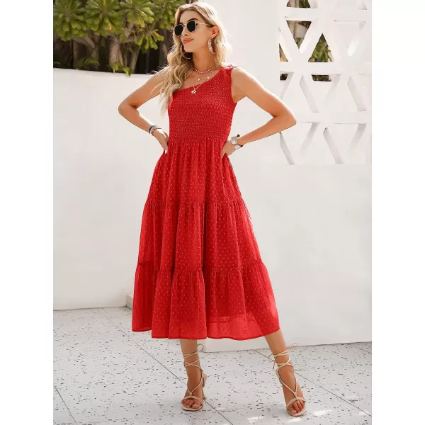 imageANRABESS Womens Summer One Shoulder Sundress Sleeveless Swiss Dot Smocked Flowy Tiered Beach Long DressRed