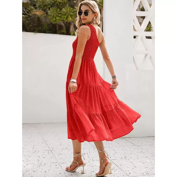 imageANRABESS Womens Summer One Shoulder Sundress Sleeveless Swiss Dot Smocked Flowy Tiered Beach Long DressRed