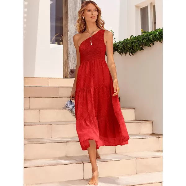 imageANRABESS Womens Summer One Shoulder Sundress Sleeveless Swiss Dot Smocked Flowy Tiered Beach Long DressRed