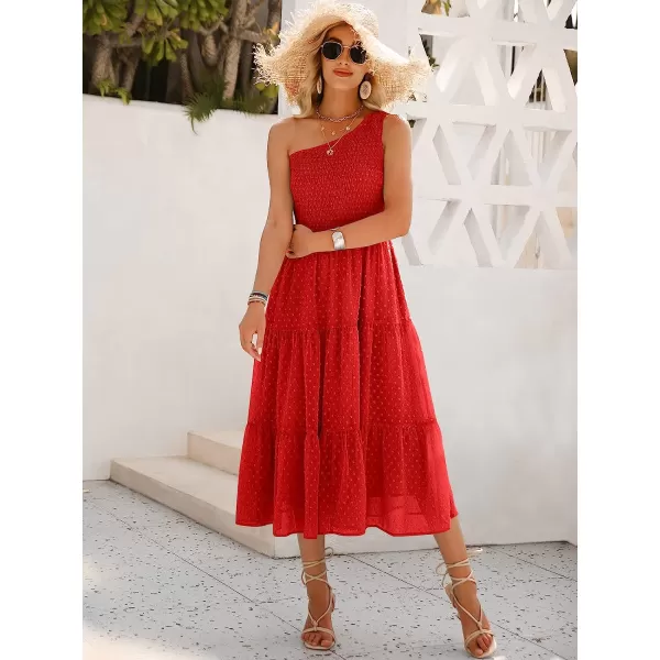 imageANRABESS Womens Summer One Shoulder Sundress Sleeveless Swiss Dot Smocked Flowy Tiered Beach Long DressRed