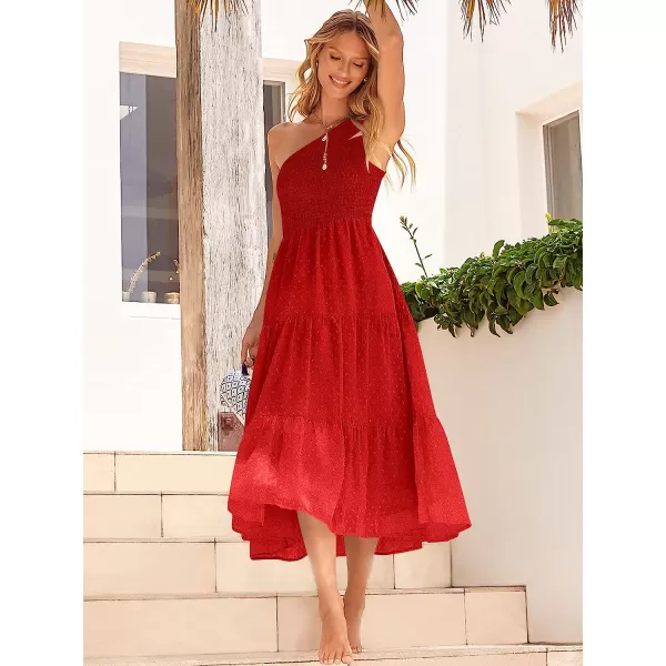 imageANRABESS Womens Summer One Shoulder Sundress Sleeveless Swiss Dot Smocked Flowy Tiered Beach Long DressRed
