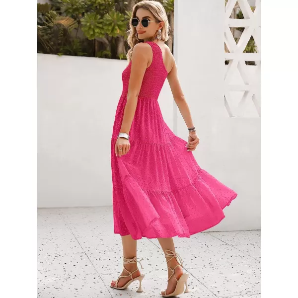 imageANRABESS Womens Summer One Shoulder Sundress Sleeveless Swiss Dot Smocked Flowy Tiered Beach Long DressRose