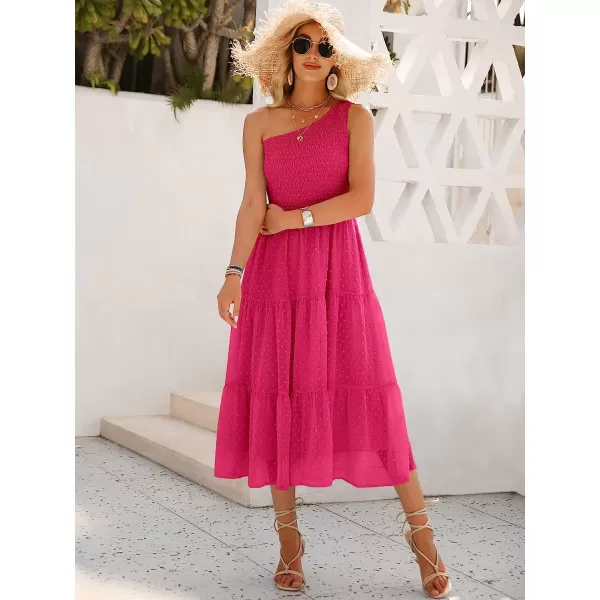 imageANRABESS Womens Summer One Shoulder Sundress Sleeveless Swiss Dot Smocked Flowy Tiered Beach Long DressRose