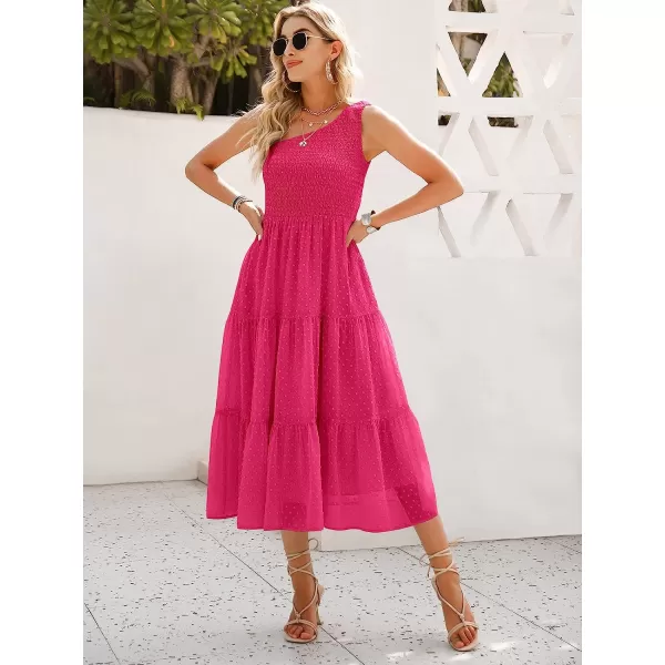 imageANRABESS Womens Summer One Shoulder Sundress Sleeveless Swiss Dot Smocked Flowy Tiered Beach Long DressRose