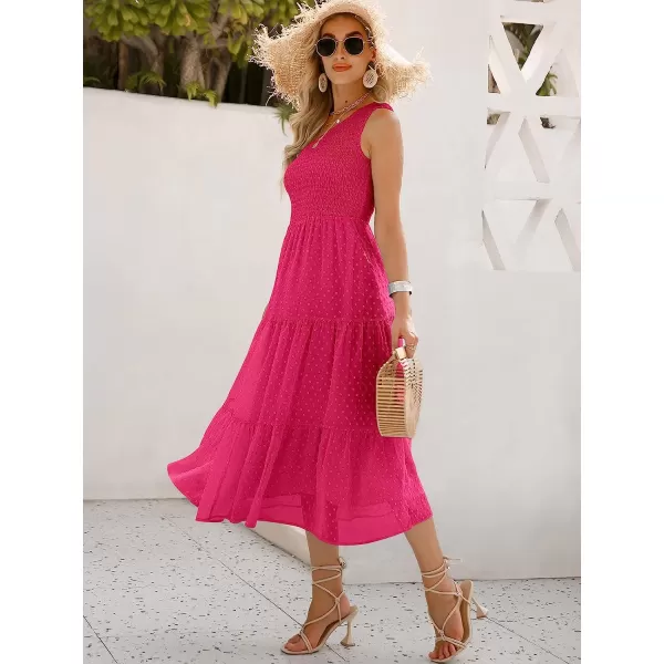 imageANRABESS Womens Summer One Shoulder Sundress Sleeveless Swiss Dot Smocked Flowy Tiered Beach Long DressRose