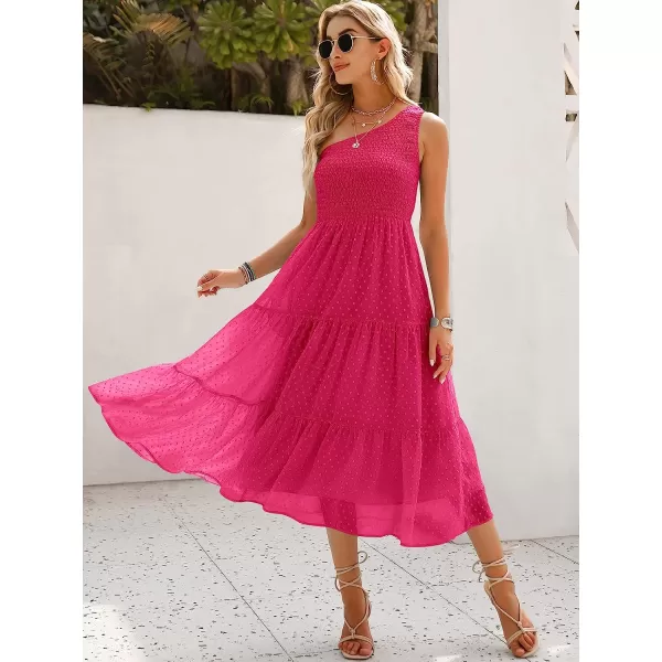 imageANRABESS Womens Summer One Shoulder Sundress Sleeveless Swiss Dot Smocked Flowy Tiered Beach Long DressRose