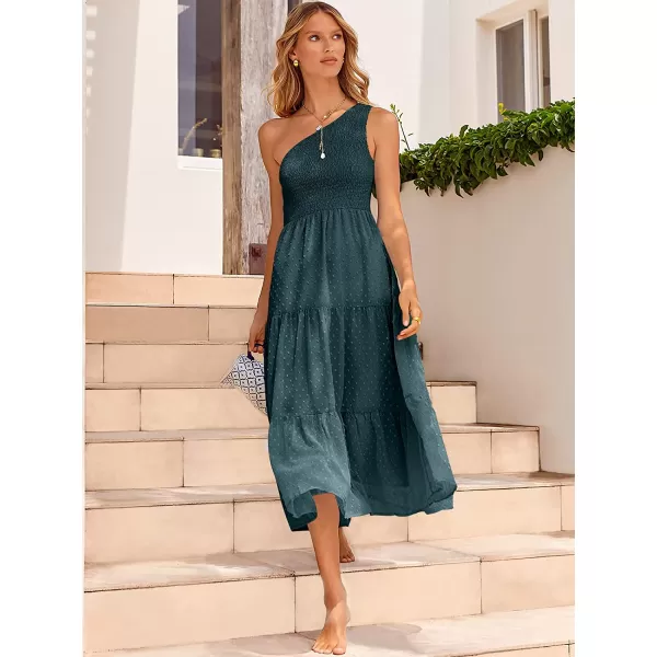 imageANRABESS Womens Summer One Shoulder Sundress Sleeveless Swiss Dot Smocked Flowy Tiered Beach Long DressTeal