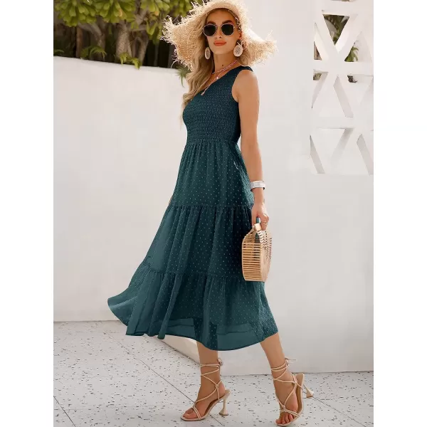 imageANRABESS Womens Summer One Shoulder Sundress Sleeveless Swiss Dot Smocked Flowy Tiered Beach Long DressTeal