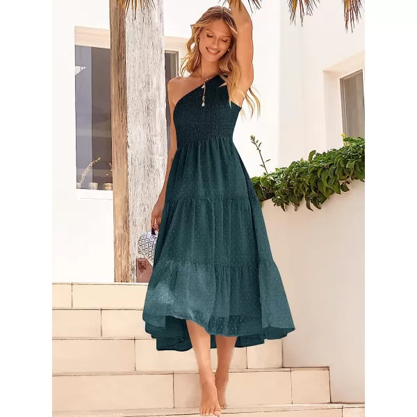 imageANRABESS Womens Summer One Shoulder Sundress Sleeveless Swiss Dot Smocked Flowy Tiered Beach Long DressTeal