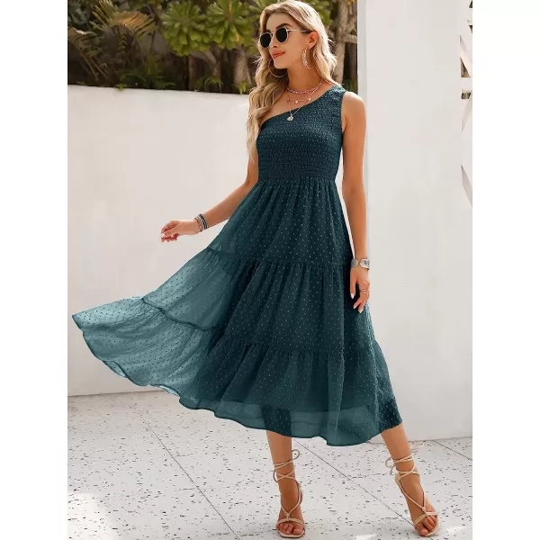 imageANRABESS Womens Summer One Shoulder Sundress Sleeveless Swiss Dot Smocked Flowy Tiered Beach Long DressTeal