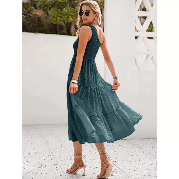 imageANRABESS Womens Summer One Shoulder Sundress Sleeveless Swiss Dot Smocked Flowy Tiered Beach Long DressTeal