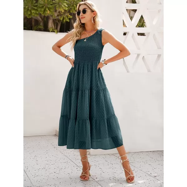 imageANRABESS Womens Summer One Shoulder Sundress Sleeveless Swiss Dot Smocked Flowy Tiered Beach Long DressTeal