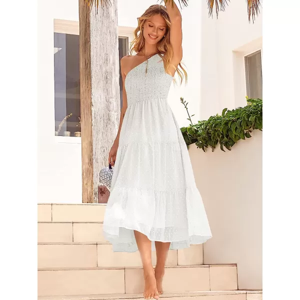 imageANRABESS Womens Summer One Shoulder Sundress Sleeveless Swiss Dot Smocked Flowy Tiered Beach Long DressWihte